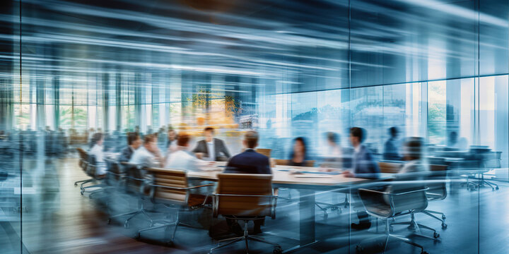 Long exposure banner of modern office lobby with business people. Generative AI