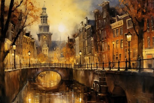 Watercolor painting of famous Amsterdam street in autumn. Generative AI