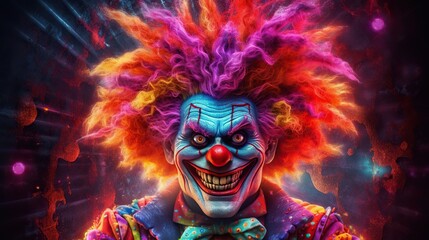 Evil clown face. Portrait of scary spooky clown monster from horror movie with vintage circus on background. Generative AI