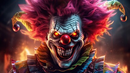 Obraz premium Evil clown face. Portrait of scary spooky clown monster from horror movie with vintage circus on background. Generative AI
