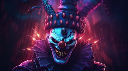 Evil clown face. Portrait of scary spooky clown monster from horror movie with vintage circus on background. Generative AI