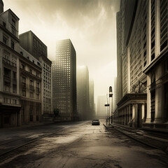 Naklejka premium Abandoned city with Eerie Lights and Suspenseful Atmosphere, created with generative AI technology