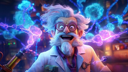 Mad scientist or crazy professor cartoon character in science lab. Generative AI