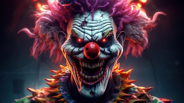 Evil clown face. Portrait of scary spooky clown monster from horror movie with vintage circus on background. Generative AI