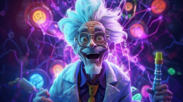 Mad scientist or crazy professor cartoon character in science lab. Generative AI
