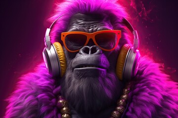 Neon portrait of gorilla rapper, gangsta monkey character. Generative AI