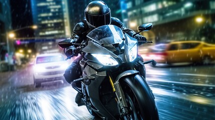 Fototapeta na wymiar Motorcycle chase, epic scene from action movie, hero on motorbike escapes from the police. Generative AI