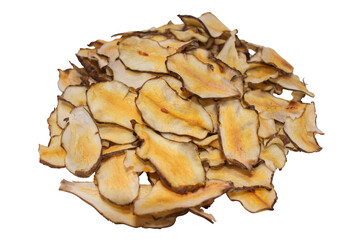 Homemade organic Jerusalem artichoke chips snack isolated on a png background.