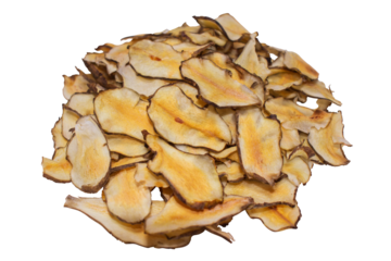 Homemade organic Jerusalem artichoke chips snack isolated on a png background.