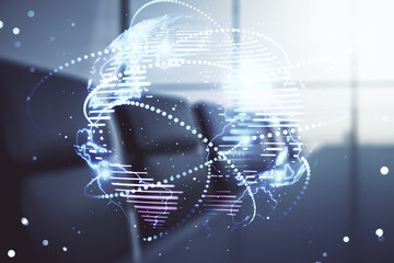 Abstract graphic digital world map hologram with connections on a modern coworking room background, globalization concept. Multiexposure