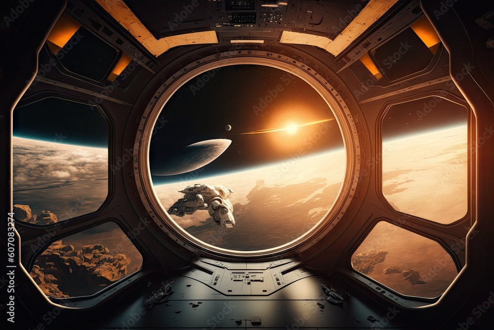 Poster spaceship dark interior with view on distant planets solar system. generative ai aig15.
