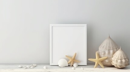 Blank photo frame or signboard mockup on white wall. generative ai