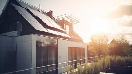 Modern house with solar panels on the rooftop with sunset on the background. Generative AI