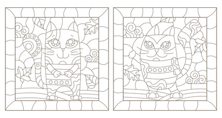 A set of contour illustrations in the style of stained glass with cute cartoon cats, dark contours on a white background