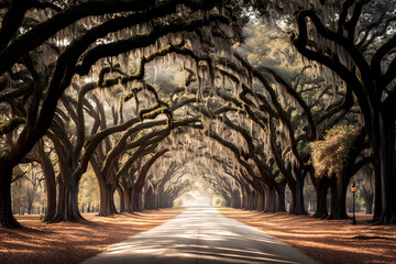 Oak trees surround the driveway at the famed Wormsloe Plantation in Savannah, Georgia, USA - obrazy, fototapety, plakaty