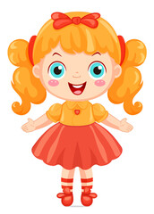 Baby doll in a red dress. Vector illustration of a little girl.
