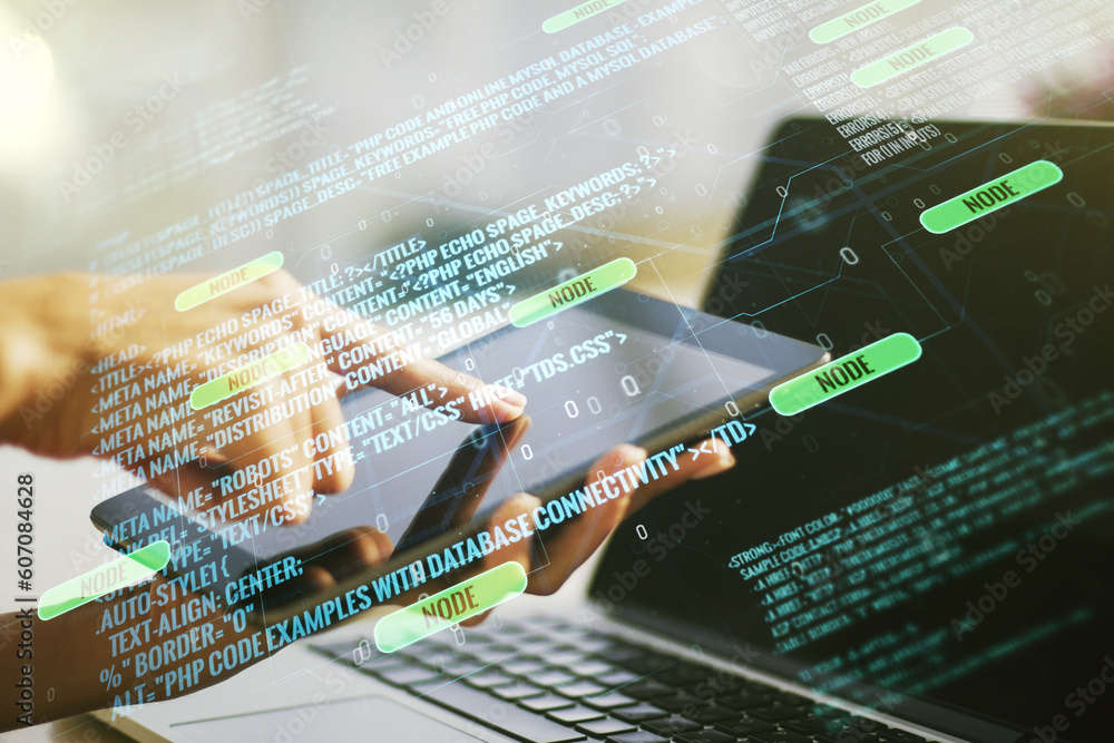 Poster double exposure of abstract programming language hologram with finger clicks on a digital tablet on 