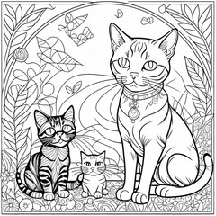 Imagem para colorir três gatos em pé. Com plantas