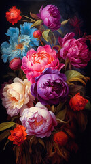peonies on black background with colorful flowers. Ai generative