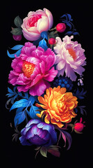 peonies on black background with colorful flowers. Ai generative