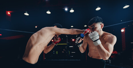 MMA Boxers fighters in fights without rules in ring cargo octagon, dark background banner