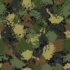 Seamless khaki camouflage pattern with paint splatter, stains, blots, smudge of paint. Good for apparel, fabric, textile, surface design. For prints, clothing, t shirt, surface design. Vintage style