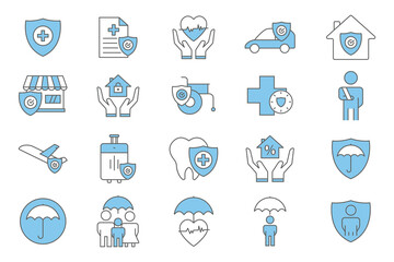 Insurance and assurance icon set. health insurance, travel, renters, life insurance. Two tone icon style design. Simple vector design editable