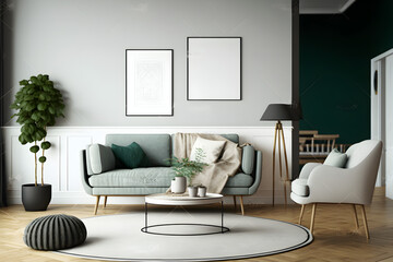 Scandinavian living room interior, wall mockup, 3d render