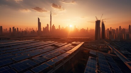 photovoltaic panels on sunset front of the big city. Generative AI