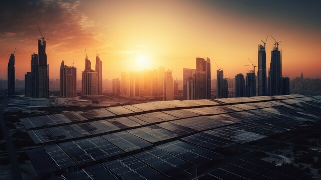 photovoltaic panels on sunset front of the big city. Generative AI