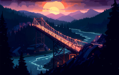 Abstract color bridge and mountain landscape illustration.Created with generative ai
