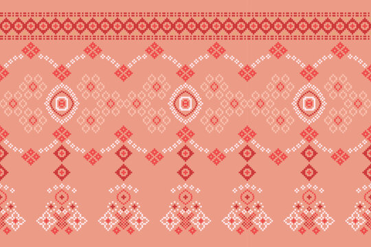 Ethnic geometric fabric pattern Cross Stitch.Ikat embroidery Ethnic oriental Pixel pattern rose pink gold background. Abstract,vector,illustration. Texture,clothing,scarf,decoration,silk wallpaper.