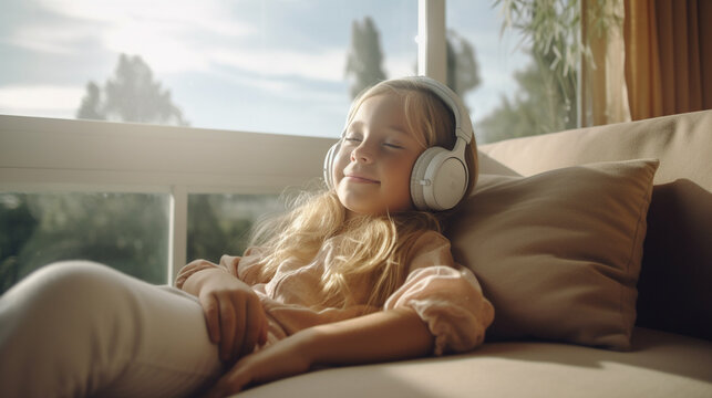 teenage girl with headphones on a sofa on the balcony or teressae by the window in the winter garden in sunlight by day in a rural or country house or surrounded by nature while relaxing