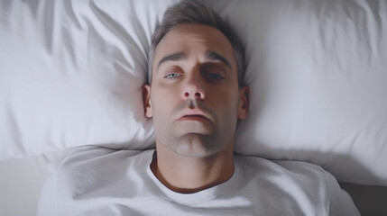 mature adult man top view in bed, sleeping early morning in daylight
