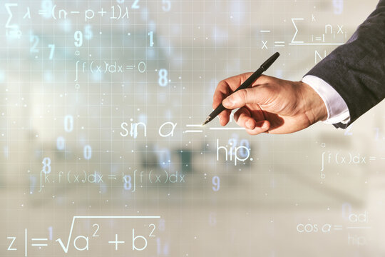 Man hand with pen working with scientific formula illustration on blurred office background, science and research concept. Multiexposure