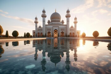 Fototapeta premium A digital art illustration of a mosque with the sun setting behind it Generative Ai