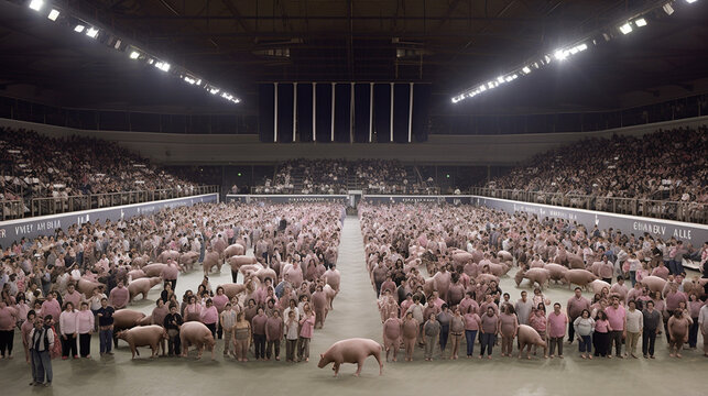 abstract, factory farming of mankind and pigs in a stadium or hall, stable with grandstand