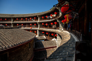 Tulou, Fujian province, China Hakka architecture, earthen building, horizontal view on the inner circle
