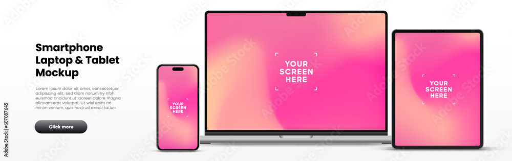 Poster Modern laptop mockup front view and high quality smartphone and tablet mockup isolated on white background. Notebook mockup and phone device mockup for ui ux app and website presentation.Stock Vector.