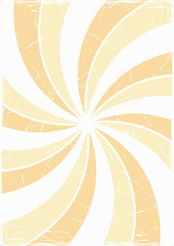 Pop art yellow background with swirl of beams, stripes from the center. Scuffed, cratched surface. Vintage cartoon retro style. For groovy, retro, pop art, comic style. With clipping mask