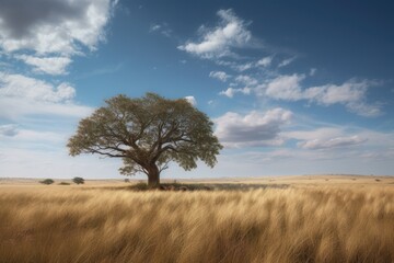Obraz premium A field of grass and trees with a blue sky in the background Generative Ai
