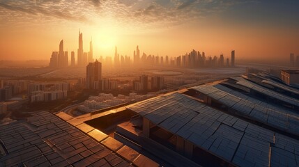 Naklejka na ściany i meble photovoltaic panels on sunset front of the big city. Generative AI