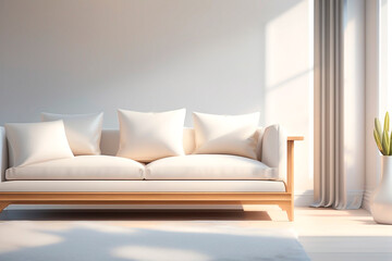 A minimalist interior with a white sofa in front of a white empty wall. Interior mock-up. 3d Render style. Generative AI