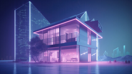 Smart home w futurystycznym oświetleniu - Smart home in futuristic lighting - AI Generated