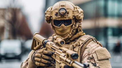 soldier in uniform deployed in war zone, on mission, machine gun and soldier's helmet, fictional location