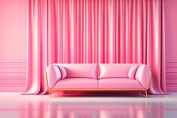 A girly pink sofa and pink silk courtains. Interior design in 3d render style. Advertising concept with copy space. Generative AI.