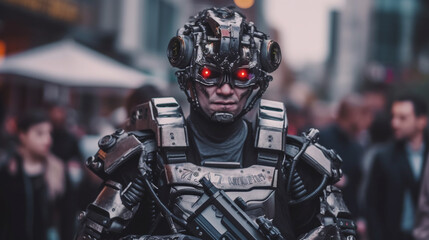 robot and cyborg, human in combat suit or combat machine, humanoid android with artificial intelligence and machine gun
