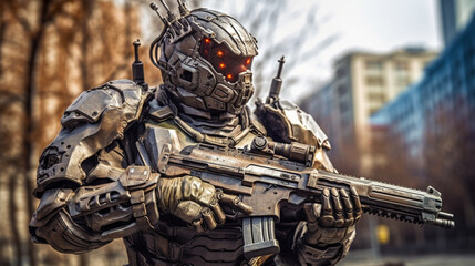 Fototapeta premium robot and cyborg, human in combat suit or combat machine, humanoid android with artificial intelligence and machine gun