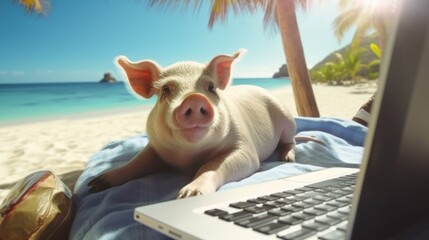 Cute pig freelancer working at tropical beach. AI generative image.
