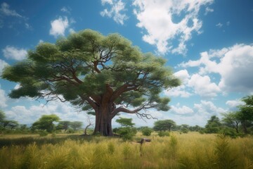 Obraz premium A large tree in the savannah with a blue sky and clouds Generative Ai